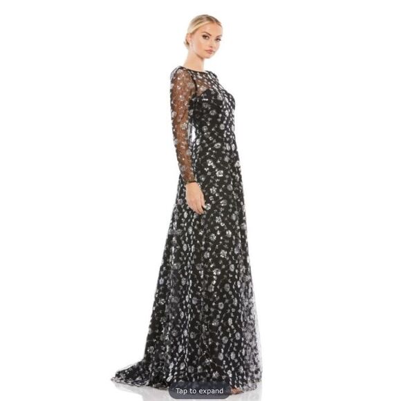 NWT Mac Duggal 12360 Illusion Long Sleeve A Line Gown Black 2 - Picture 3 of 16